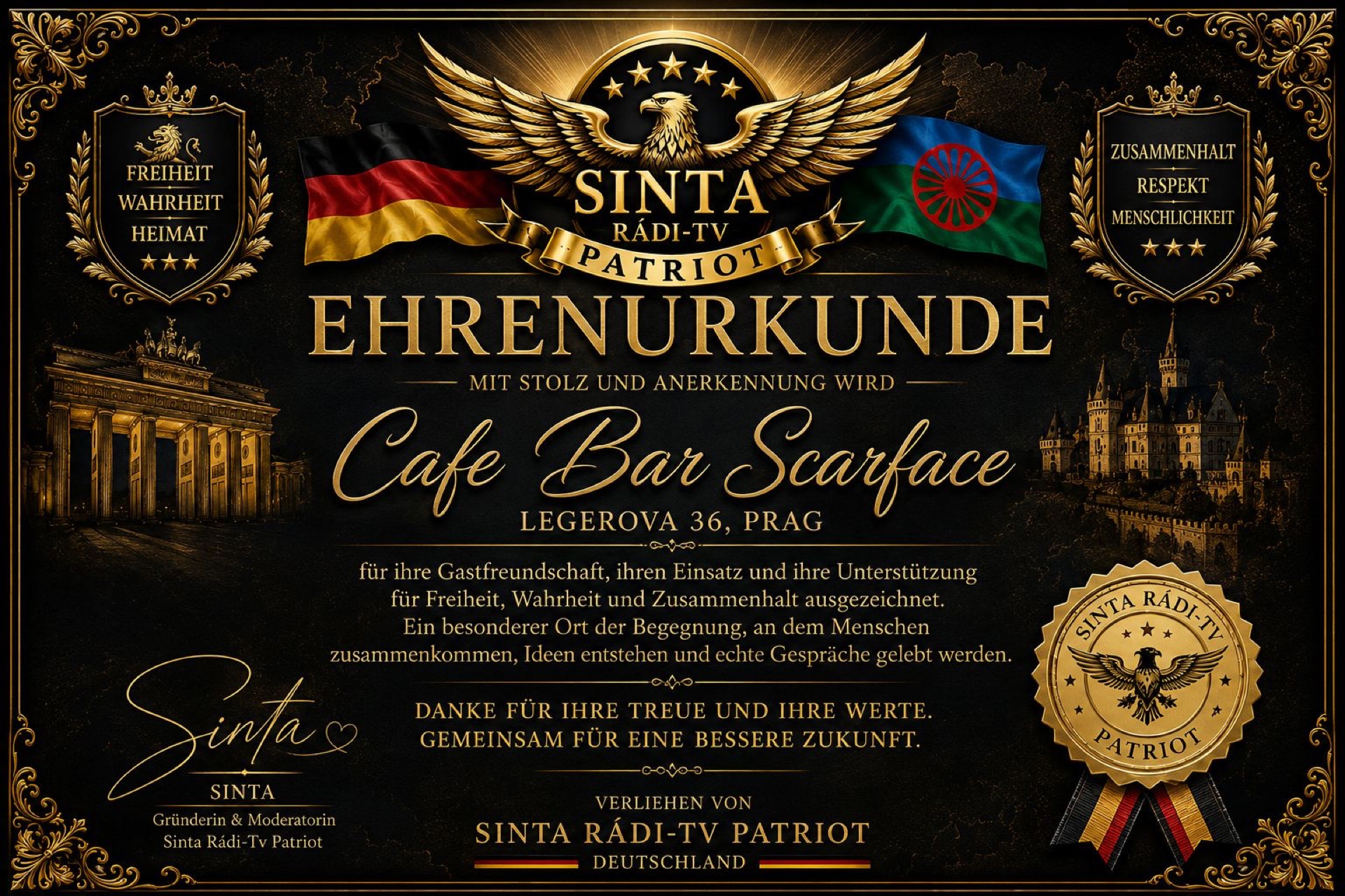 Čestné uznání Ehrenurkunde od Sinta Rádi-TV Patriot pro Cafe Bar Scarface